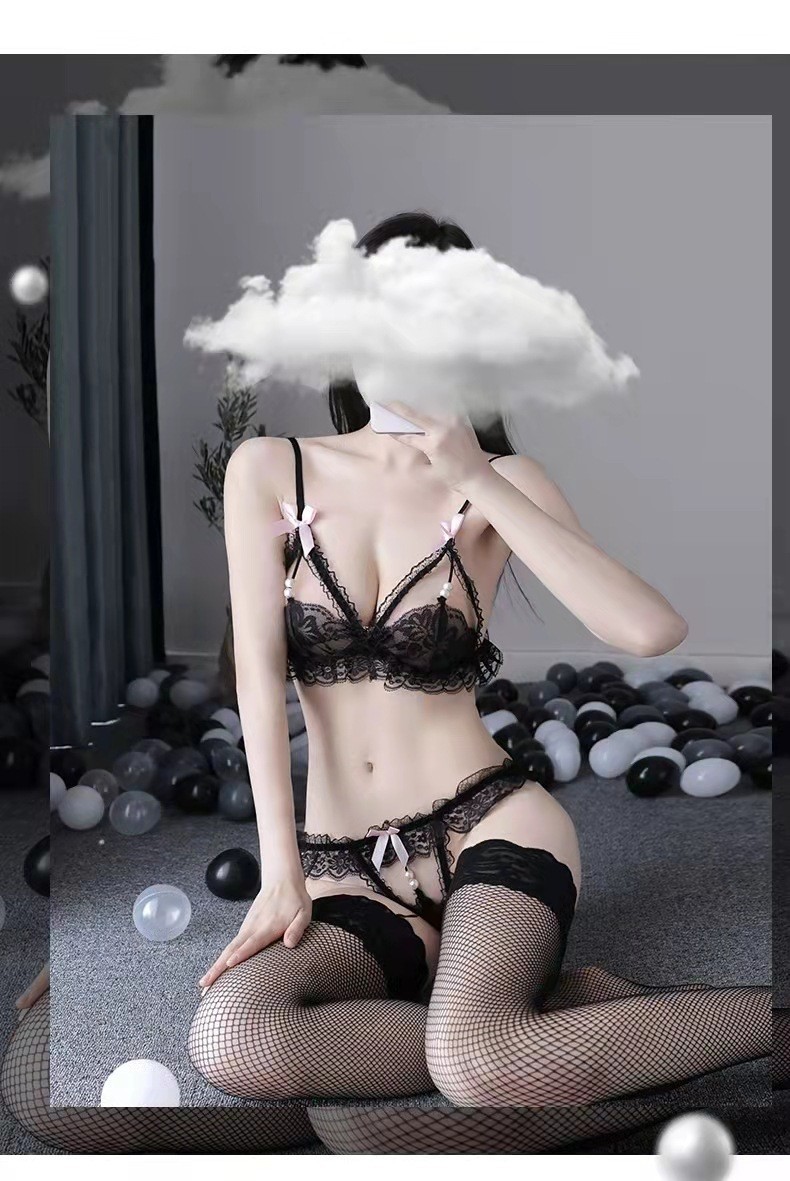 Women’s Lace Three-Point Lingerie Set with Pearl Detail, Red, One Size — detail image 21