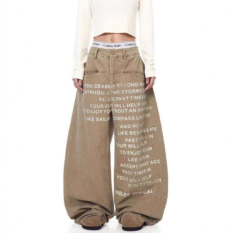 Plus-Size American Retro Spicy Girl Design Letter Print Jeans Women's Lazy Wide-Leg Loose Floor-Length Pants Trendy