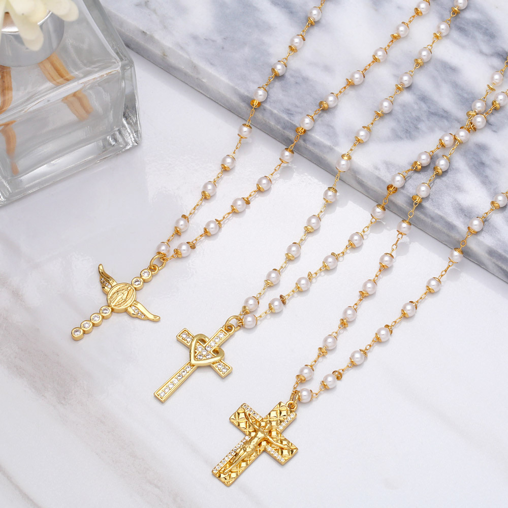 New Personality Virgin Jesus Cross Necklace Feminine Pearl Copper Clavicle Chain display picture 5