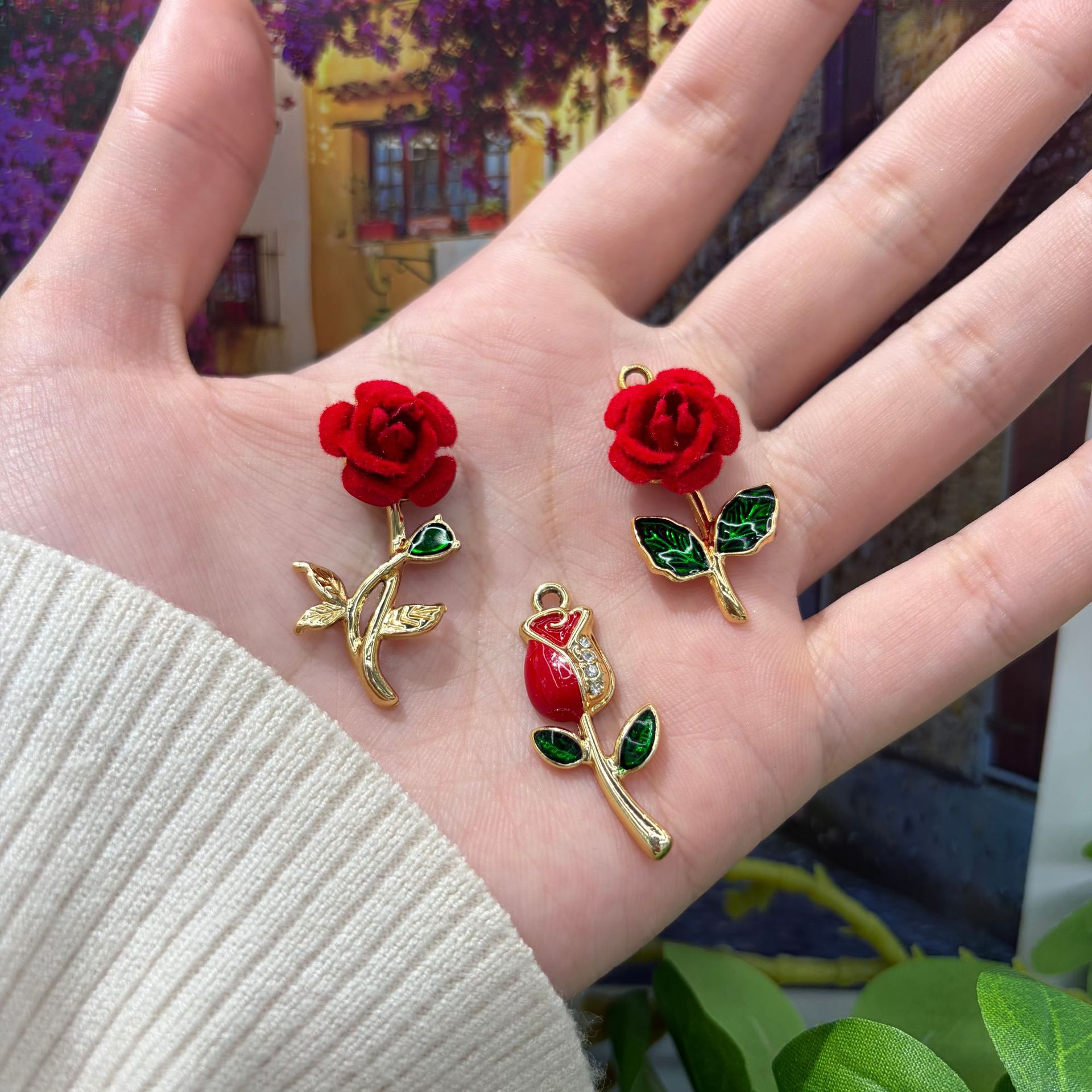 Simple Rose Pendant Design with Velvet Flowers and Gold Branches and Diamond Leaves, Creating a Gentle Atmosphere and a Sense of Sophistication