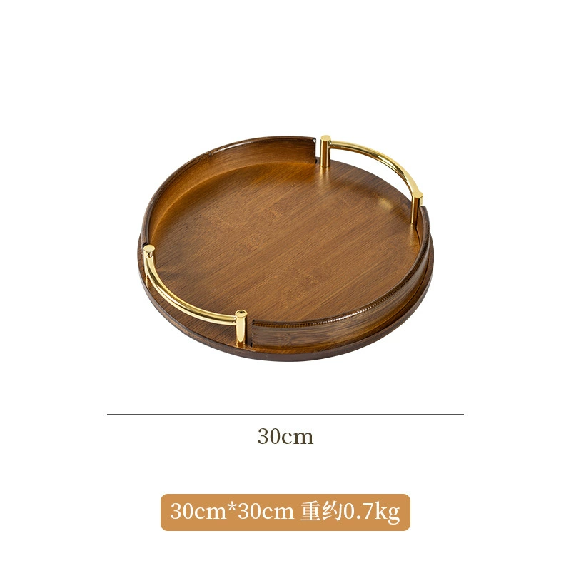 Bamboo serving tray, round with handles, wood‑tone finish, 25/30/35 cm