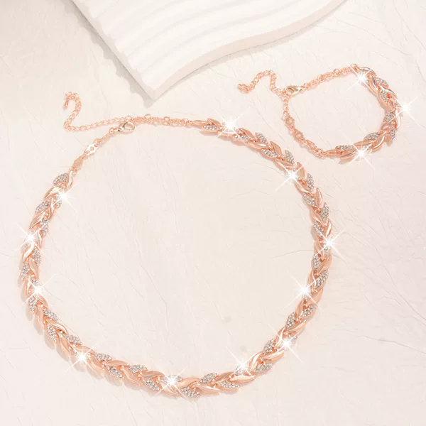 Light Luxury Willow Leaf Diamond-Encrusted Bracelet and Necklace Set, Sparkling Mermaid Full Diamond Banquet Jewelry, Women's Necklace, Ancient Style