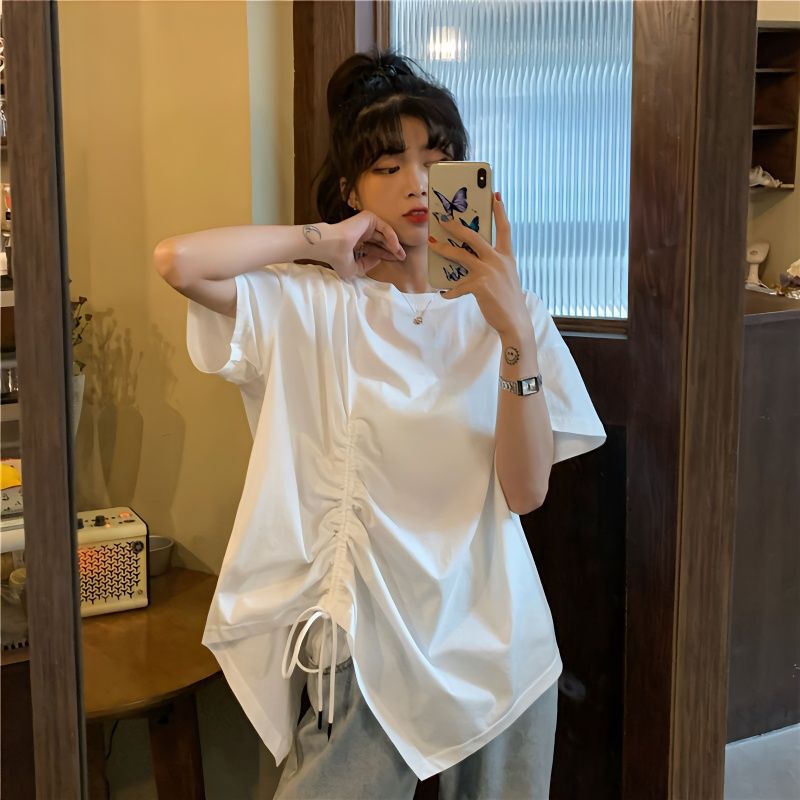 Fat Girls Loose Irregular Drawstring T-Shirt Women's Large Size Design Sense Niche Split Short-sleeved Summer Spice Girl Fashionable Clothes