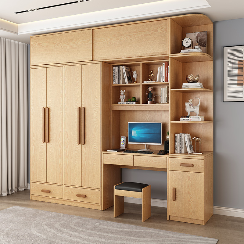 Muyue Solid Wood Wardrobe Bookcase Integrated Modern Simple Combination Wardrobe Desk Computer Desk Log Color Ribbon Corner Cabinet