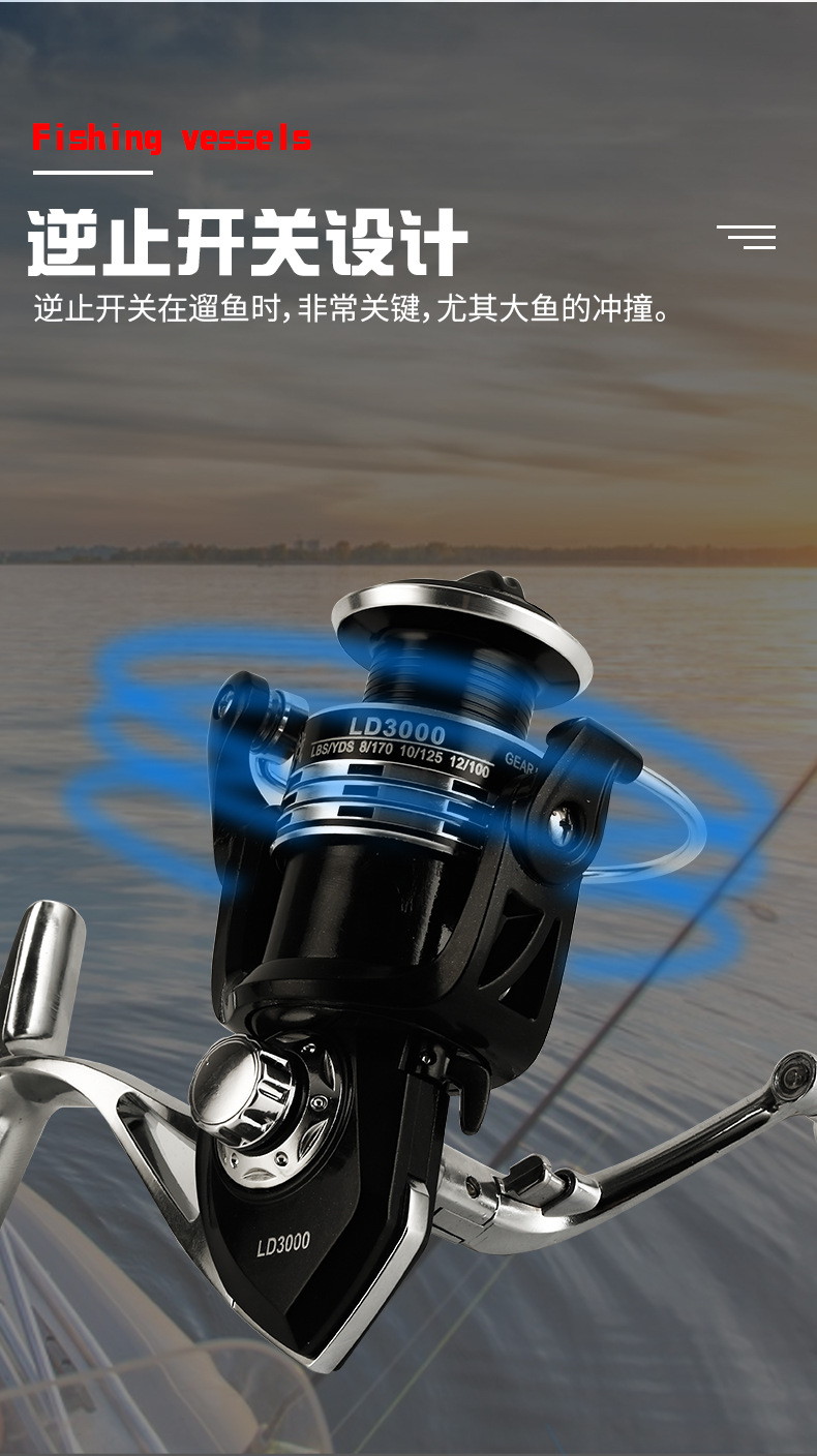 厂家批发黑色渔轮 加粗全金属路亚纺车轮抛线环金属摇臂海竿鱼轮