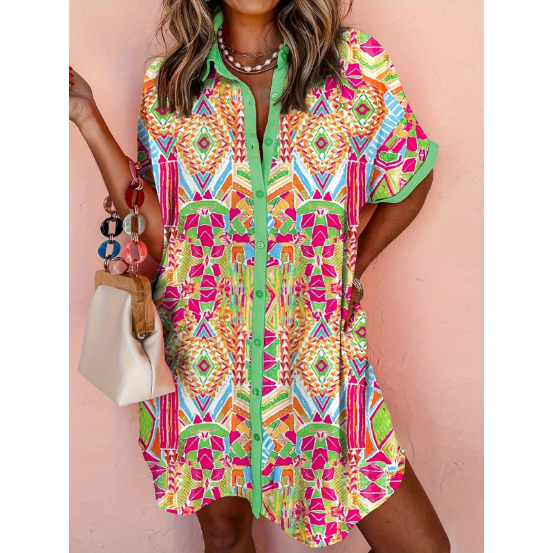 2026跨境新款欧美活泼抽象几何印花女式衬衫连衣裙
