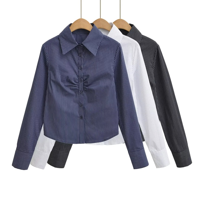 美式复古褶皱收腰条纹正肩长袖衬衫早秋新款性感修身休闲职业上衣