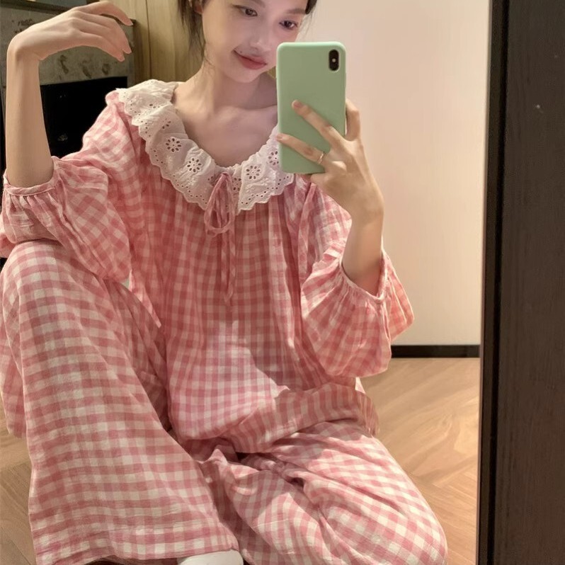 Korean Ins Sweet Lace Doll Collar Pure Cotton Pajamas for Women Spring and Autum Long-Sleeved Pants Loose Plaid Home Clothes