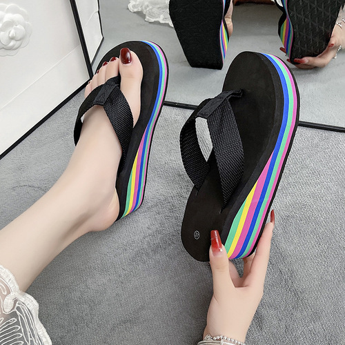 Fashion Rainbow Human Hair Flip-Flops for Women - Summer Thick Heel High-Low Cover Casual Beach Sandals Trend