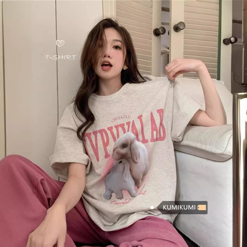 Fat mm Cute and Sweet Cartoon Casual Half-sleeved Women's Summer Loose Slimming Look Mid-length Large Size Short-sleeved T-shirt Top