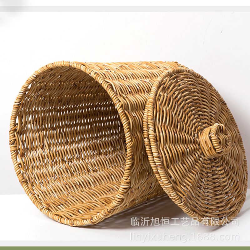 imitación de caña tejida a mano cubo de almacenamiento de escritorio retro canasta de almacenamiento de sala de estar de oficina canasta de almacenamiento con cubierta de almacenamiento