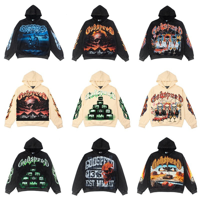 GodSpeed Skull Letter American Style Trendy Rock Street Hip-Hop Vintage Washed Hoodie Sweatshirt Jacket