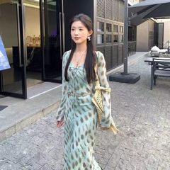 2025法式晕染系带长袖连衣裙女装春秋季气质减龄收腰包臀裙中长裙