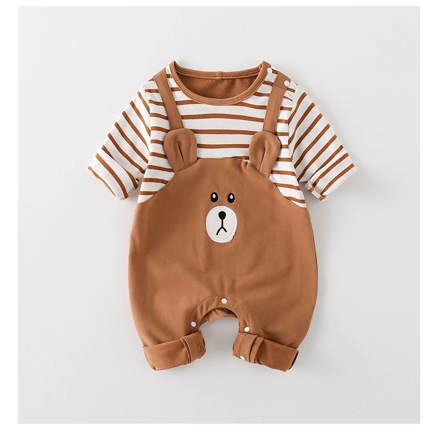 Ropa de primavera y otoño para bebés, oso de dibujos animados, falso dos piezas de primavera y otoño, mameluco de una pieza de bebé, mameluco de manga larga