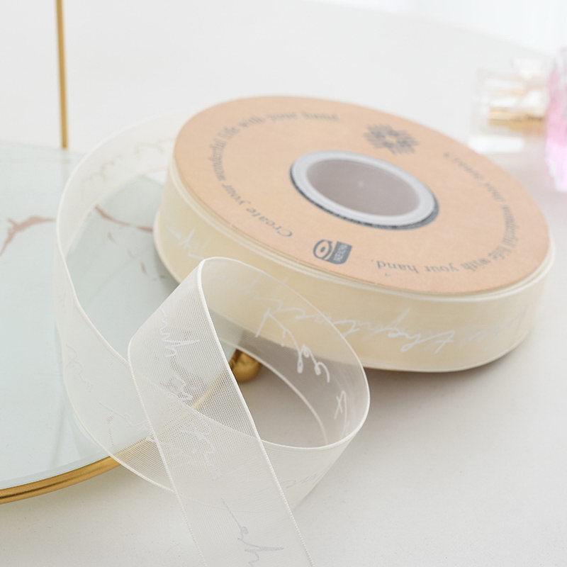 Venta al por mayor cinta de impresión de hilo de nieve letras inglesas Flor de organza pastel de embalaje cinta de ramo de vendaje transparente