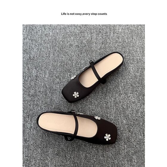 2025 Super Popular Silver Flats and Half Slippers for Women's Summer Outer Wear French Rhinestone Stunning Sandals Square Toe Soft Sole Mule Shoes