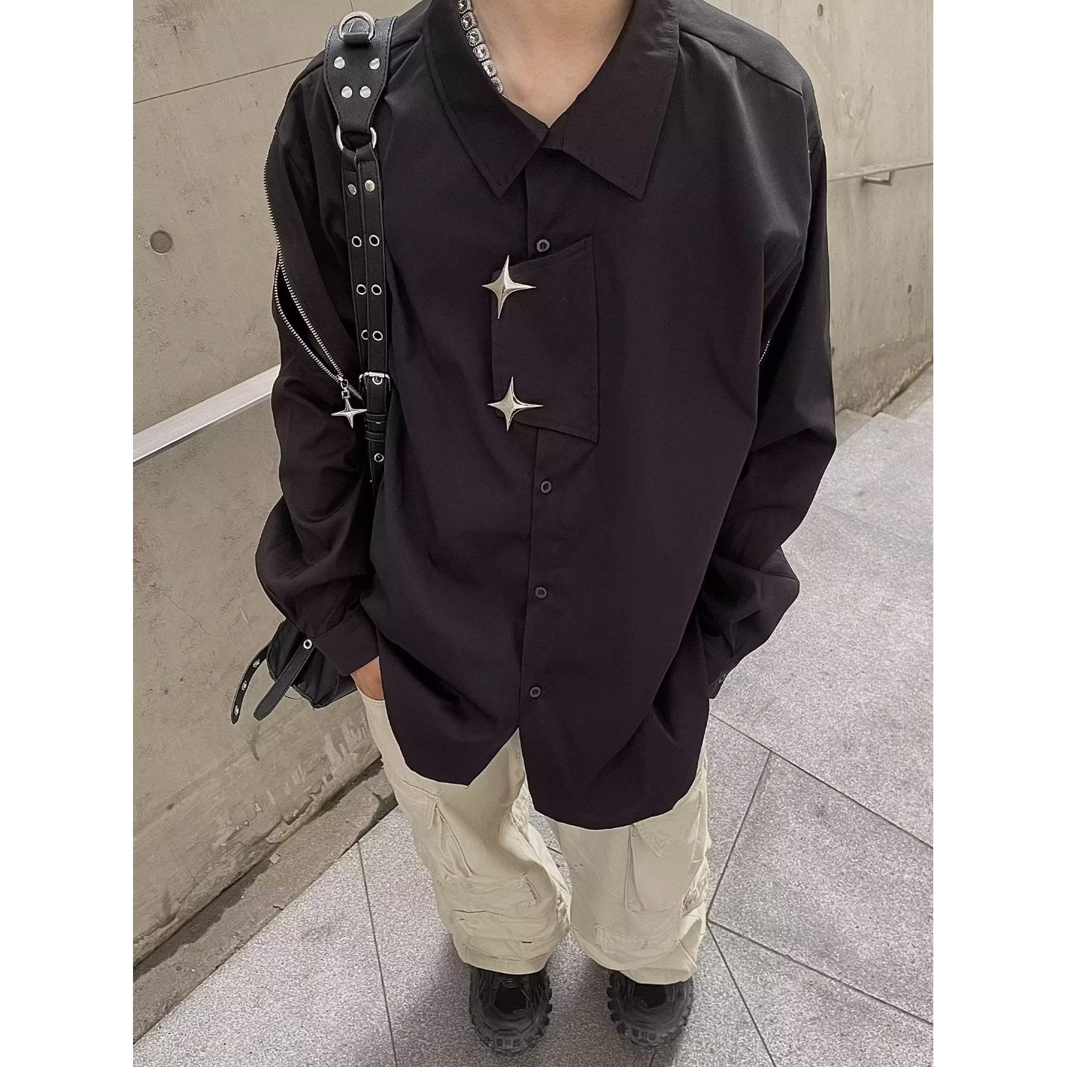 小众金属拉链长袖衬衫男秋季美式高街痞帅宽松设计感外穿衬衣