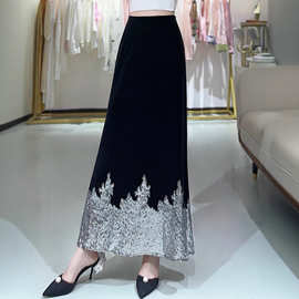 南油批发2025年夏季新款醋酸丝绒拼接珠片刺绣高腰松紧腰鱼尾长裙