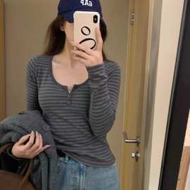 BM风新款美式复古三粒扣条纹长袖t恤女bm外穿修身内搭打底衫春秋