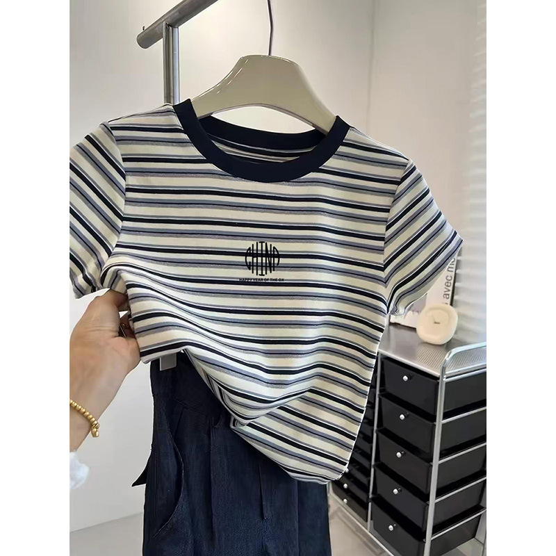 Contrast Color Striped Pure Cotton Short-Sleeve T-Shirt for Women, Summer New Design, Niche Style, Slim Fit, Stylish, Age-Reducing Top