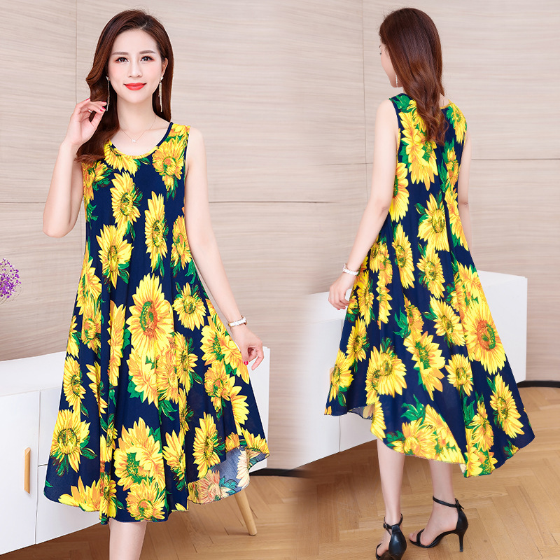 Plus-Size Cotton Silk Vest Dress, New Summer Ethnic Style Women's Clothing, Artistic Retro Print, Sleeveless, Large Hem, Long Dress