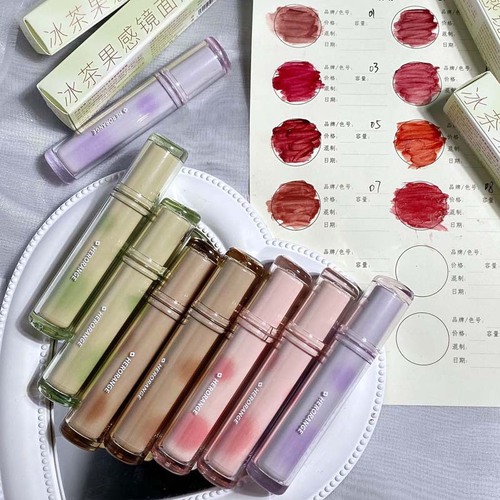 HERORANGE~ Ice Tea Fruit-Flavored Mirror Lip Lacquer, Long-Lasting, Non-Fading, Transparent Film, Round Glass Lip Color for Women