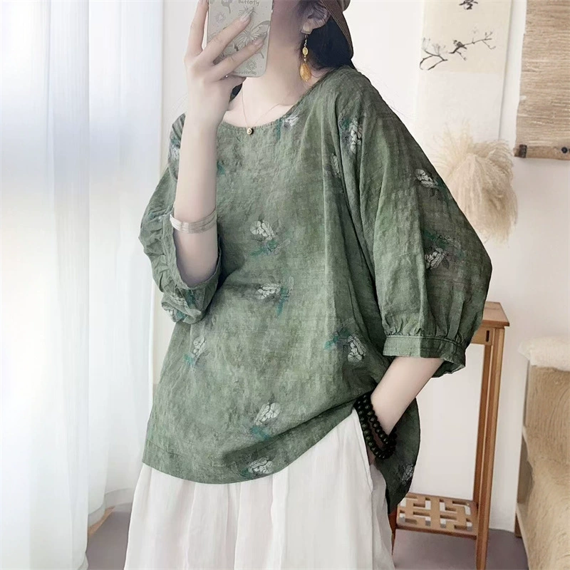 Летняя новая стильная художественная свежая тонкая рубашка с короткими рукавами и круглым вырезом с принтом летучей мыши, топ с короткими рукавами и акварельным принтом