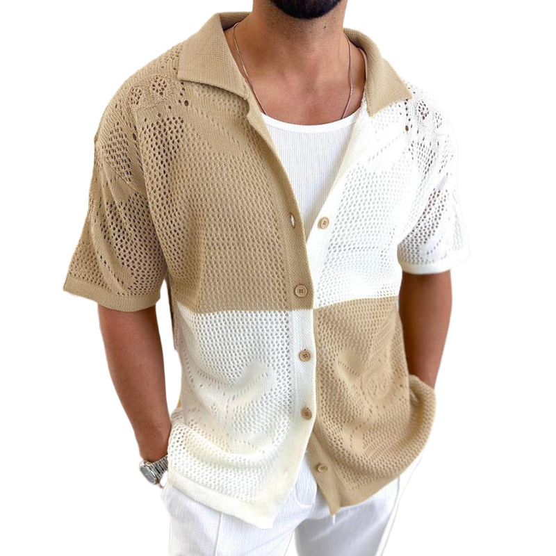Color Block Hollow Knit Sweater Turn-Down-Kragen Kurzarm-Cardigan Dünn Sommer Muscle Plus Size Herrenbekleidung_voghion.com