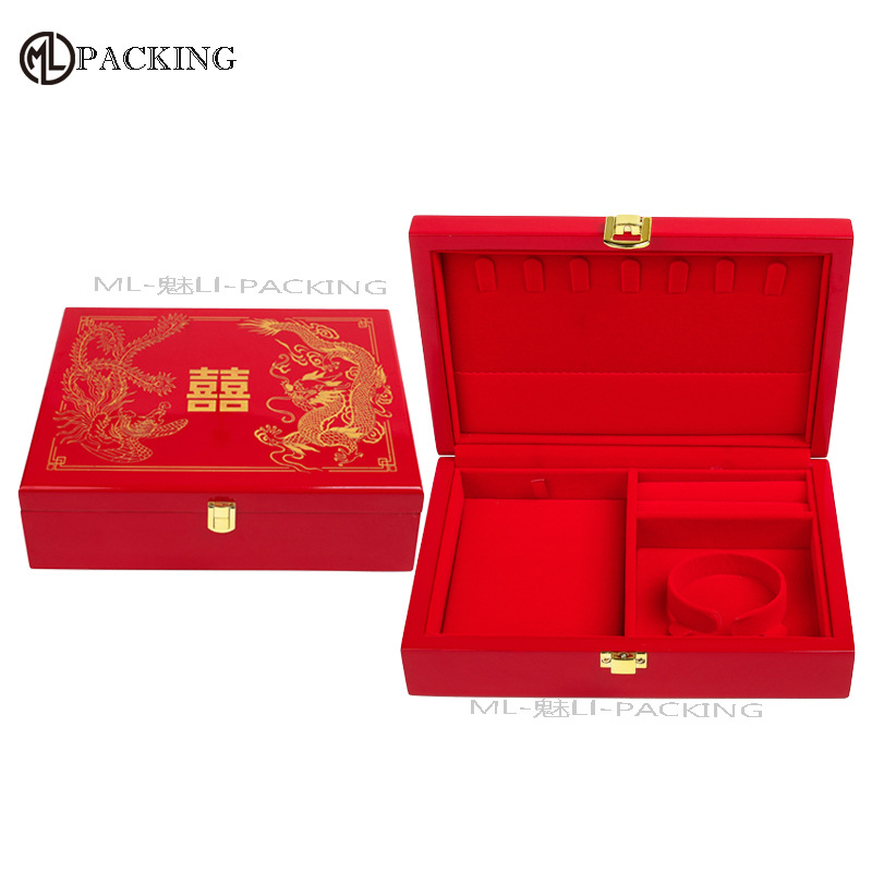 厂家现货高光烤漆木质三金盒 求婚首饰盒 龙凤黄金套装盒 定logo