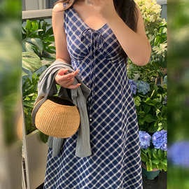 子元26年春季新款大码女装复古格纹系带连衣裙+针织开衫套装9209