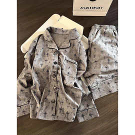 少女可爱十字架印花睡衣女春季新款大码长袖开衫式宽松居家服套装