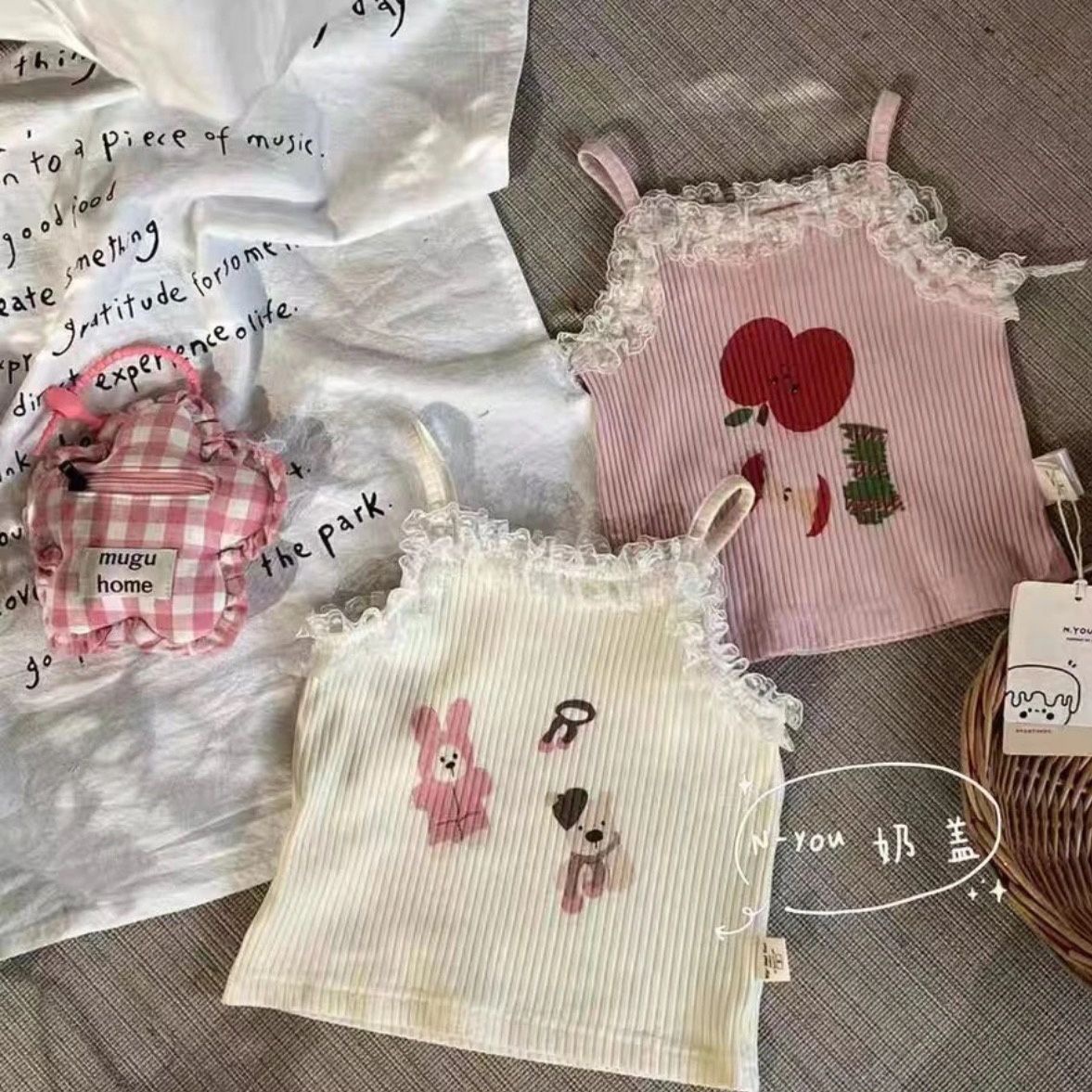 Korean Style Sweet Lace Cartoon Printed Camisole Top Beautiful Back Comfortable Cute Top for Toddlers Summer