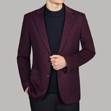 秋冬高档羊毛单西免烫休闲外套男士西服中年暗纹厚款深枣红色条纹