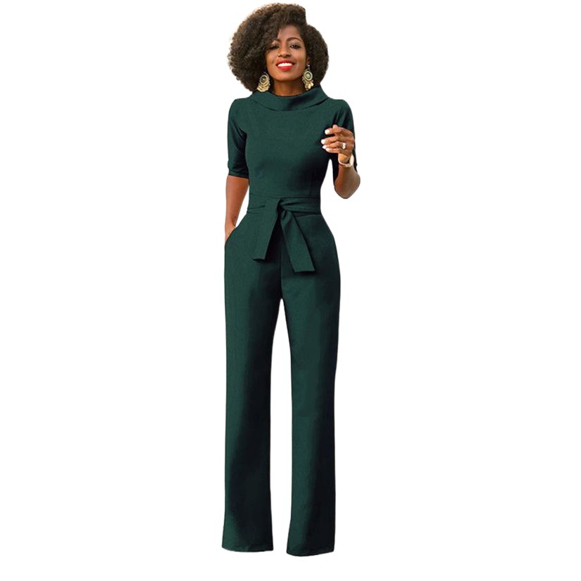 AliExpress Amazon otoño nueva moda ropa de mujer europea y americana de color sólido solapa de cinco cuartos de manga de cintura alta de pierna ancha mono