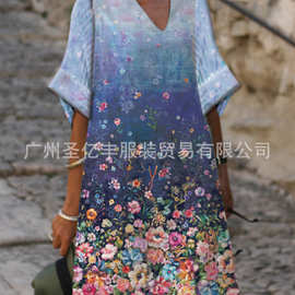 CY-47跨境2022欧美新款连衣裙中长款宽松腰通勤中长裙印花修身裙