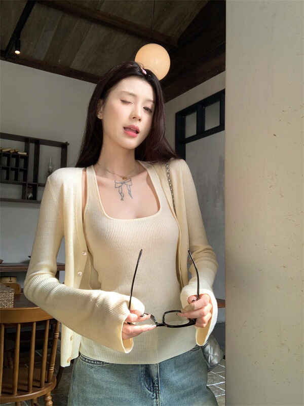 针织开衫外套两件套装女春秋长袖挂脖吊带背心上衣|undefined