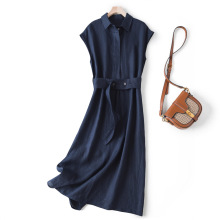 清仓 夏季凉爽jin口亚麻文艺范长裙 系带收腰小飞袖衬衫连衣裙014