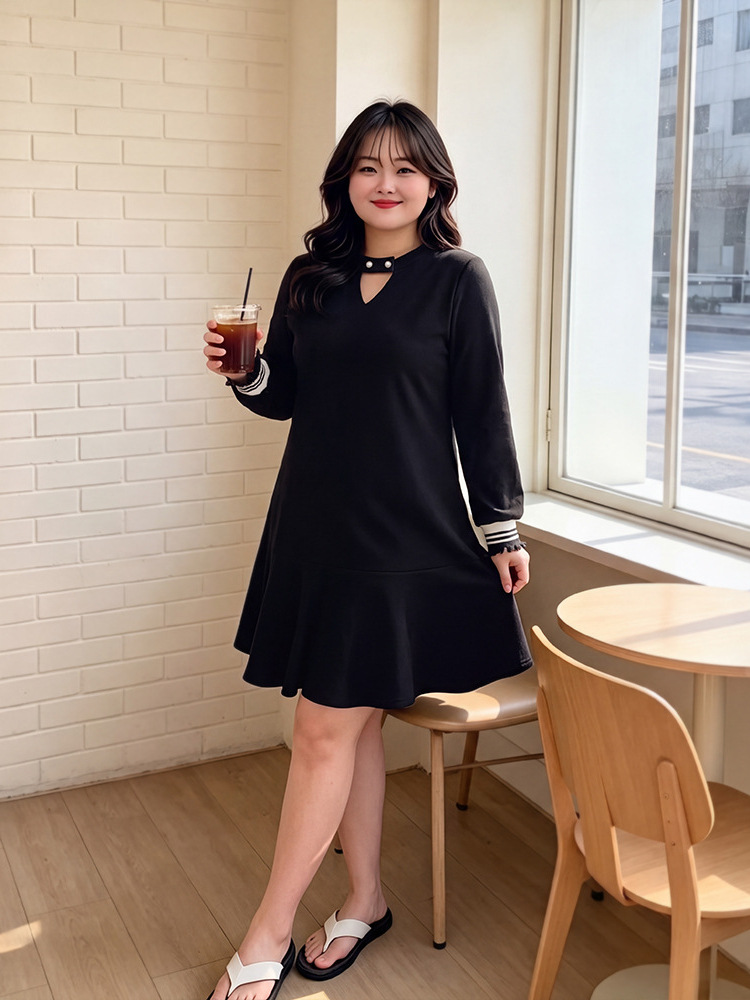 65-160kg Plus Size Women's College Style Dress 2026 Spring and Autumn Style for Chubby Girls with Sleeves, Elegant and Age-Reducing Ruffle Dress