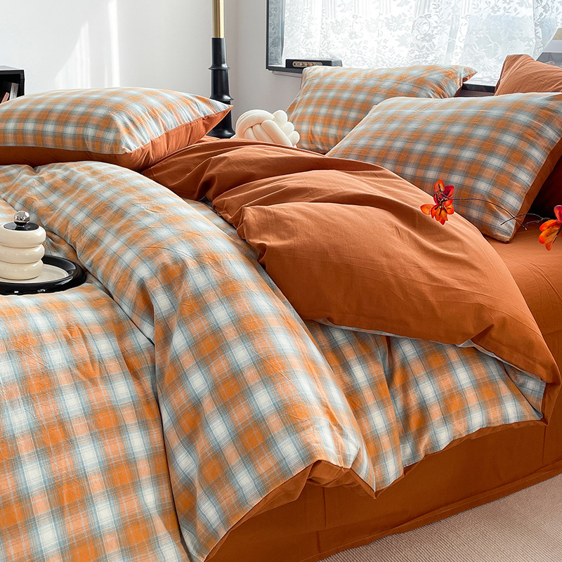 Cama de algodón lavado de algodón de cuatro piezas, sábana de algodón, funda de edredón, dormitorio de estudiantes, ropa de cama de tres piezas, ropa de cama