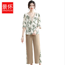 年轻妈妈时尚套装洋气质中老年女夏季七分袖雪纺上衣老年人女夏装