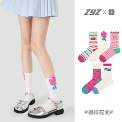 文藝復興原創女襪春季卡通櫻桃條紋襪子女木耳邊刺繡精梳棉中筒襪