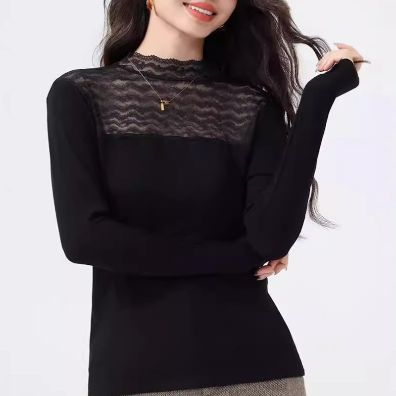 Lace Top Women's Long-sleeved 2024 Fall/Winter New plus size Women's Half-turtleneck Mesh Inner Base Shirt Styline Shirt
