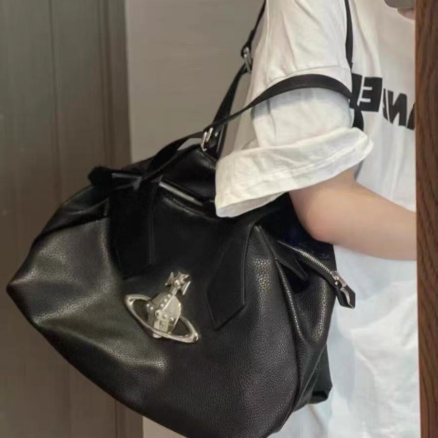 Empress Dowager Soft Leather Vintage New Saturn Lightweight Casual Shoulder Tote Black and Silver Niche Underarm Bag