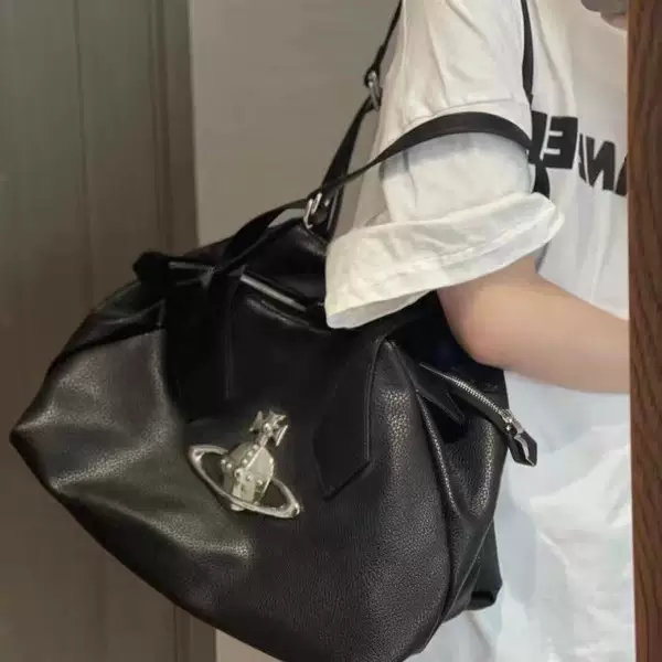 Empress Dowager Soft Leather Vintage New Saturn Lightweight Casual Shoulder Tote Black and Silver Niche Underarm Bag