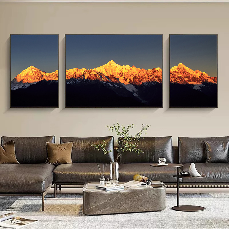 Decorative Triptych Painting of Mount Meri Snow Mountain for the Living Room Sofa Background Wall, Featuring a Landscape That Attracts Wealth Decorative Triptych Painting of Mount Meri Snow Mountain for the Living Room Sofa Background Wall, Featuring a Landscape That Attracts Wealth