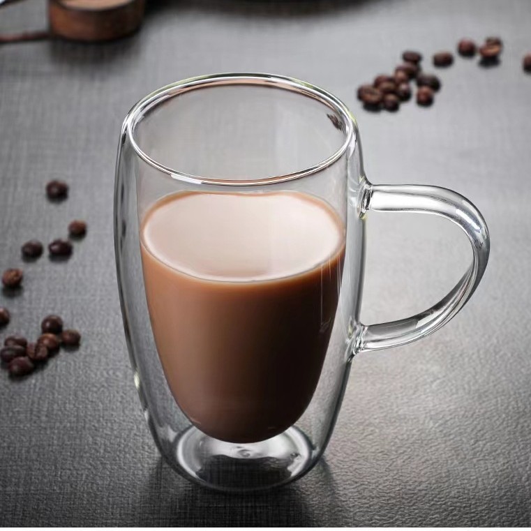 Taza de mango de vidrio doble transparente para el hogar Taza de té de flores resistente al calor creativa Taza de café de jugo de leche de vidrio doble con aislamiento térmico