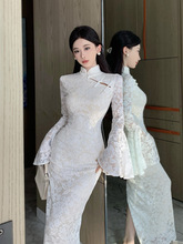 French disc buckle modified cheongsam lace long-sleeved跨境