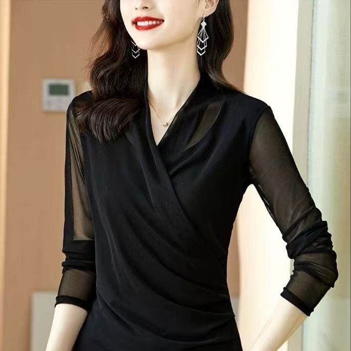 Mesh Top 2025 Mid-Sleeve T-Shirt Women's V Neck Waist Mesh Bottoming Shirt Slim Korean Style Western Style Shirt Mesh Top 2025 Mid-Sleeve T-Shirt Women's V Neck Waist Mesh Bottoming Shirt Slim Korean Style Western Style Shirt