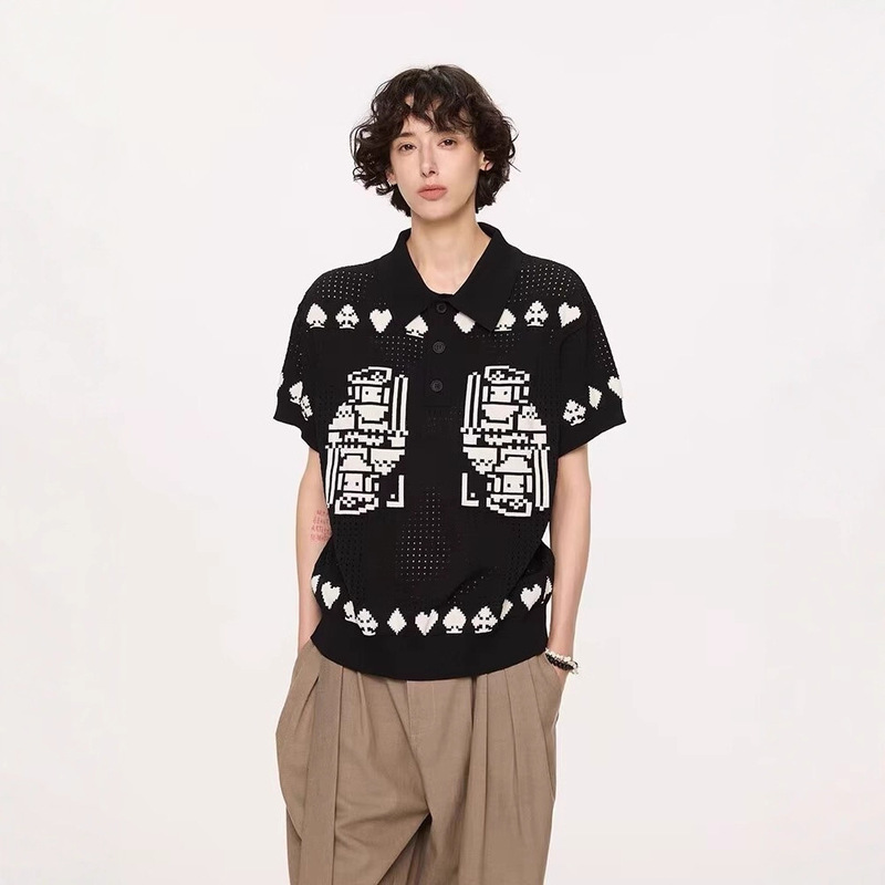 "Ice Silk Fair Isle" Playing Card Jacquard Cut Out Boxy Knitted Polo Shirt Lapel Short-Sleeved T-Shirt for Men in Summer "Ice Silk Fair Isle" Playing Card Jacquard Cut Out Boxy Knitted Polo Shirt Lapel Short-Sleeved T-Shirt for Men in Summer