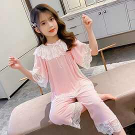 黁白女童睡衣套装夏季新款蕾丝短袖中大童家居服薄款外穿小女孩空